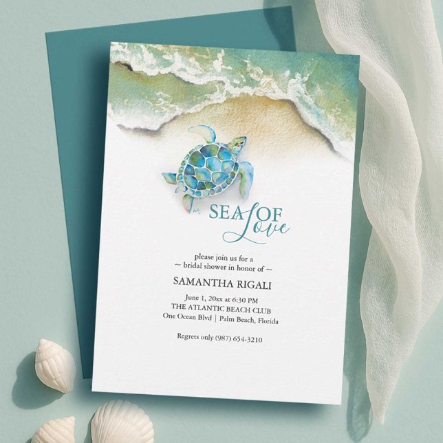 Beach Inbjudningskort för möhippa | Sea Turtle (classy beach bridal shower invitations with watercolor teal blue sea turtle by dotellabelle)