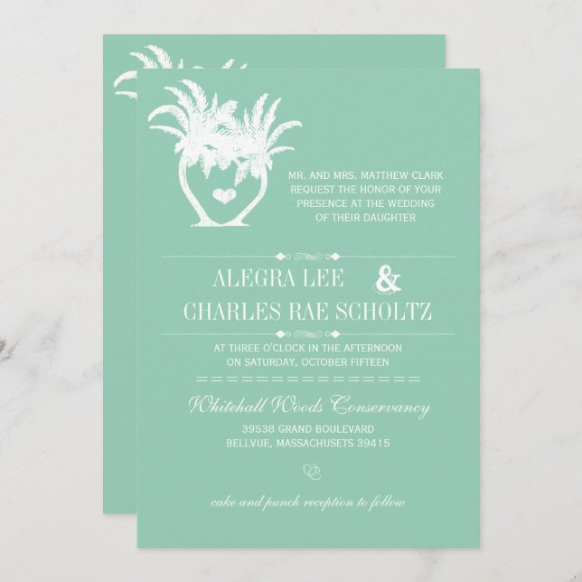 Beach Jade Grönt Handflatan Träd Destination Chalk Inbjudningar (Fram/baksida)