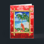Beach-jul Helgkort<br><div class="desc">Glad helg från de varma sandstränderna på din favoritstrand på tropiska öar. Handflatan träd dekorerade med juldekorationer och ljus,  med en reflextavla mot Julgran,  i en bambu ram.</div>