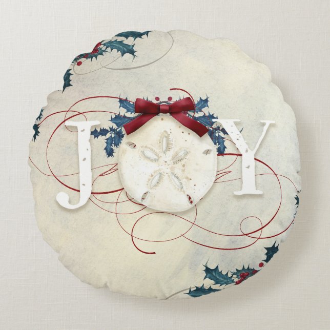 Beach jul Holly Sand Dollar Joy Typography Rund Kudde (Framsidan)