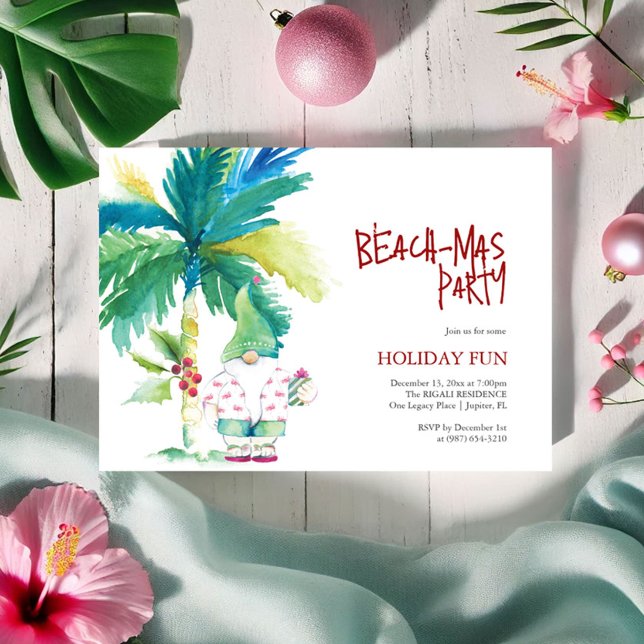 Beach jul Party Watercolor Handflatan Träd Santa Inbjudningar (beachmas Christmas party invitation tropical watercolor palm tree Santa art Victoria Grigaliunas)