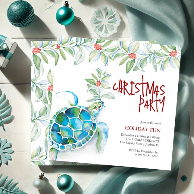 Beach jul Party Watercolor Sea Turtle Inbjudningar (Sea turtle Christmas invitations watercolor art by Victoria Grigaliunas of Do Tell A Belle)