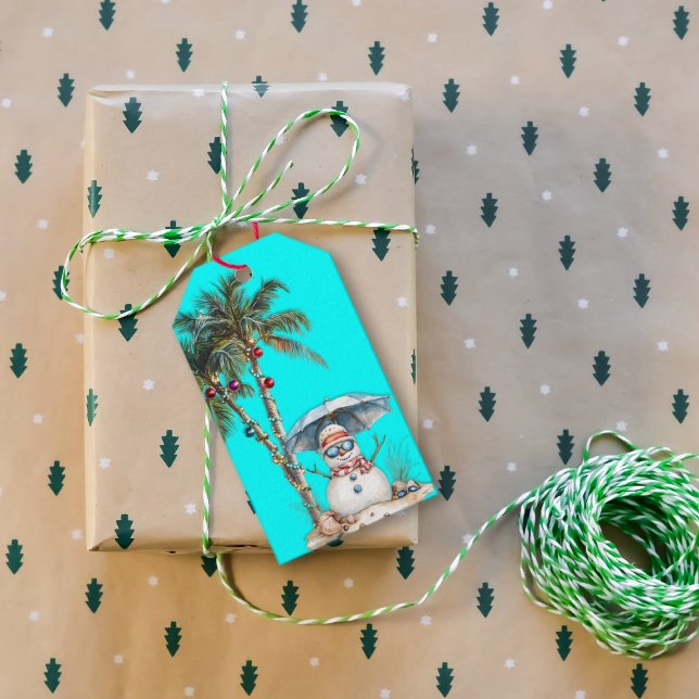 Beach jul Sandy Snögubbe Handflatan Träd Presentetikett (Skapare uppladdad)