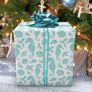 Beach jul Seahorse Glitter Aqua White Presentpapper