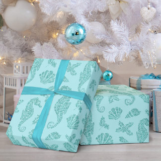 Beach jul Seahorse Mönster Aqua Glitter Presentpapper