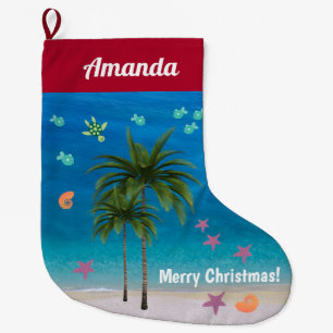 Beach jul Tropical Ocean Starfish Handflatan Träd Stor Julstrumpa