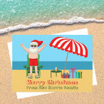 Beach Jultomten Cute Anpassningsbar Sunny jul Julkort<br><div class="desc">Den här söta anpassningsbarnas soliga julkort gör perfektens vykort för varmt väder vid bassäng eller stranden. Gör det till en roligt nordpolare, så att extravaganza med Jultomten i hans simbassänger bredvid ett rödvitt strandparaply och -gåvor. Jag har aldrig sett mr Klaus i en badande kostym förut! Grönten binder samman temat...</div>