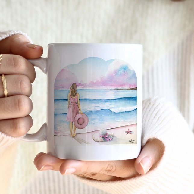 Beach Kaffe koppar - Alla hjärtans dag-gåvor till  (beach coffee mugs watercolor shoreline art scene with woman in pink by Victoria Grigaliunas)