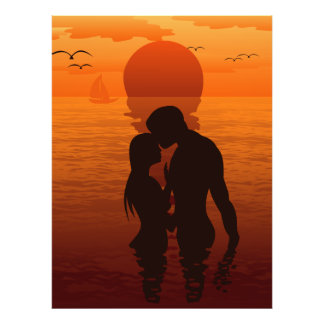 Beach Kärlek Romantik Silhouette par i havet Fototryck