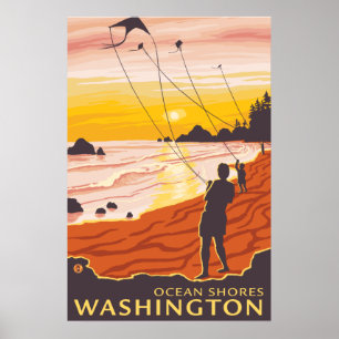 Beach & Kites - Ocean Shores, Washington Poster