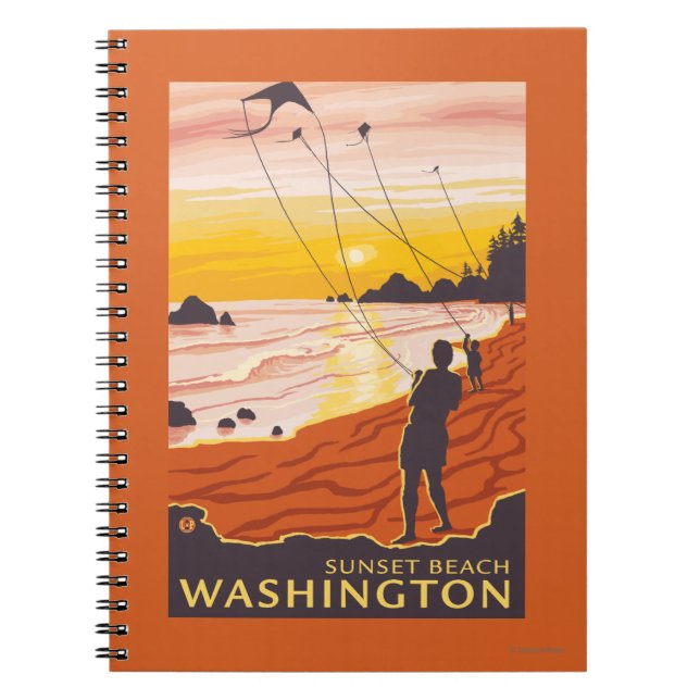 Beach & Kites - Sunset Beach, Washington Anteckningsbok Med Spiral (Framsidan)