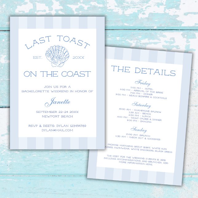 Beach last Toast on Kusten Bachelorette Helg Inbjudningar (Beach Last Toast On The Coast Bachelorette Weekend Invitation Weekend Itinerary Coastal)