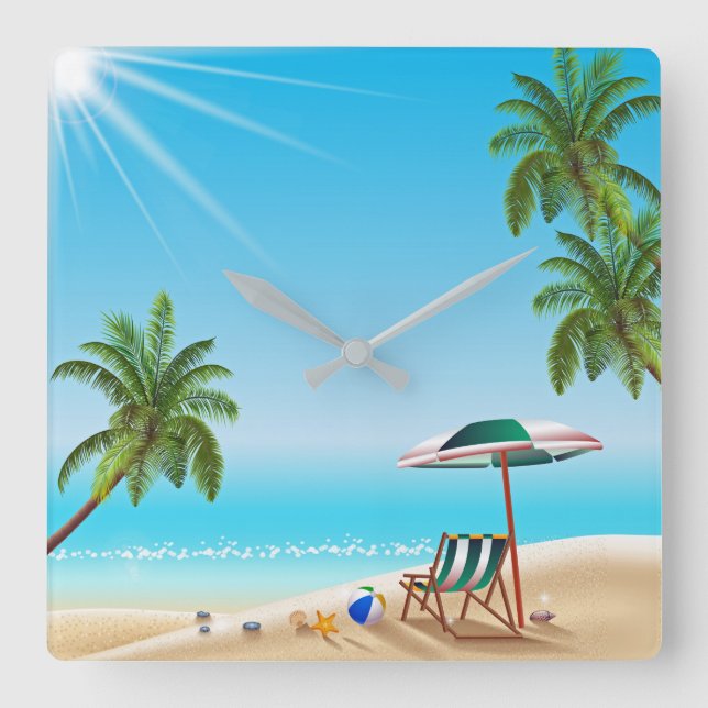 BEACH LIFE. BEACH BOLL OCH SOL UMBRELLA FYRKANTIG KLOCKA (Framsida)
