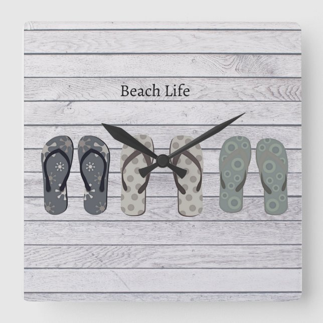Beach Life, flinflip flops på sjöpromenad Fyrkantig Klocka (Framsida)