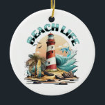 Beach Life Julgransprydnad Keramik<br><div class="desc">Svart temat julprydnad. Illustration av en fyr-,  surfbrädor,  handflatan träd och delfin.</div>