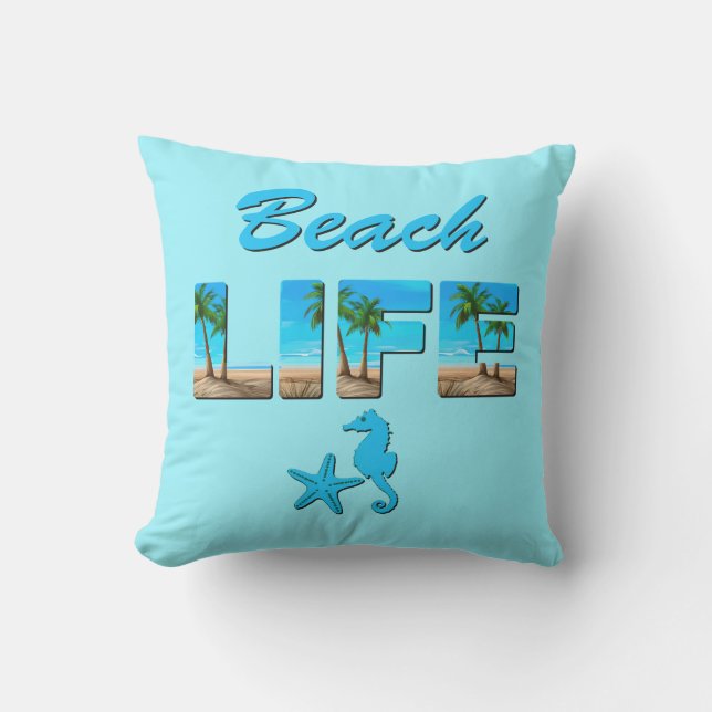 Beach Life Ord Art med Sand och Handflatan Träd Kudde (Framsida)