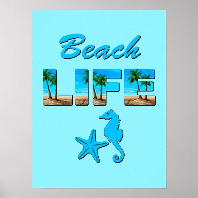 Beach Life Ord Art med Sand och Handflatan Träd Poster (Framsidan)