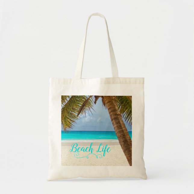 Beach Life Tote Bag - Sandy Beach & Handflatan Trä Tygkasse (Framsidan)