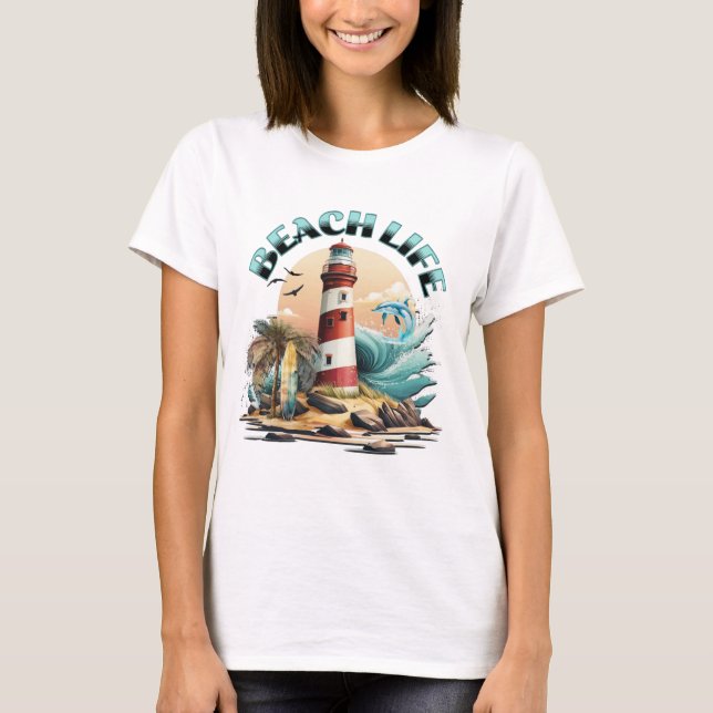 Beach Life | Tropical Beach and Lighthouse T Shirt (Framsida)