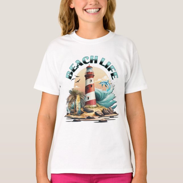 Beach Life | Tropical Beach and Lighthouse T Shirt (Framsida)