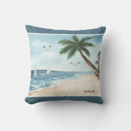 Beach Ligcape med segelbåtar Watercolor Blue Kudde