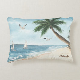 Beach Ligcape med segelbåtar Watercolor Blue Prydnadskudde