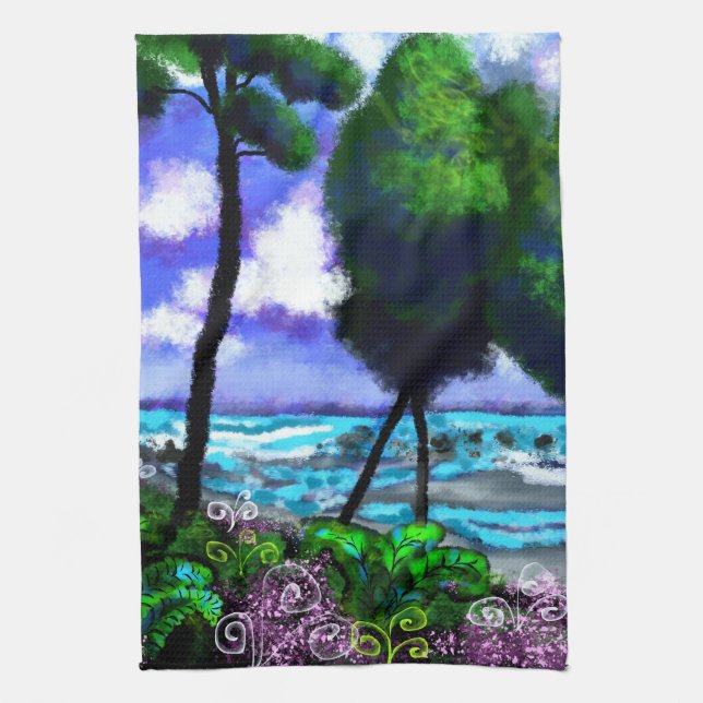 Beach Ligcape Sjölandskap Träd Ocean Kökshandduk (Vertikal)