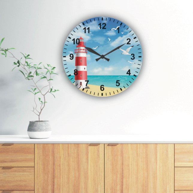 Beach Lighthouse Fiskmås Wall Clock Stor Klocka (Skapare uppladdad)