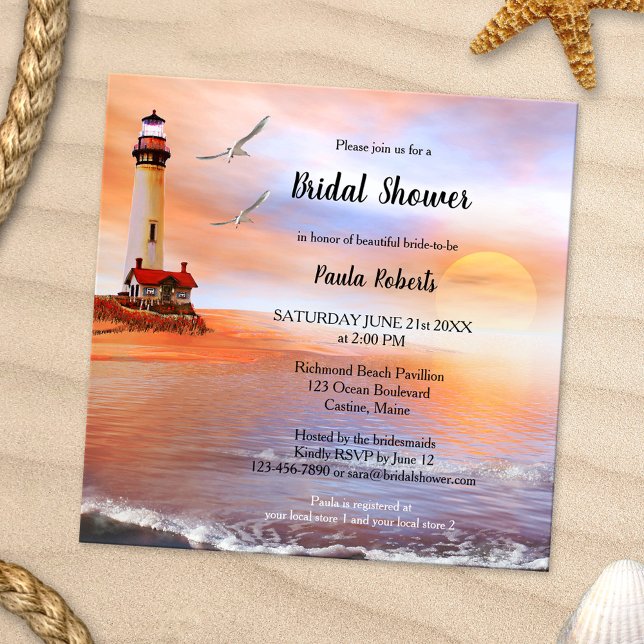Beach Lighthouse Inbjudningskort för möhippan (Bridal shower invitation featuring a romantic painting of a beach and lighthouse with two seagulls)