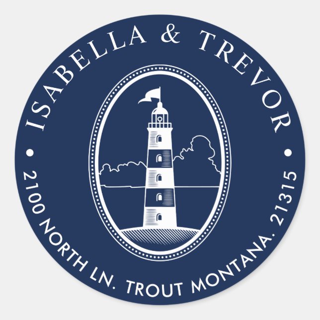 Beach Lighthouse | Nautisk Returadress Runt Klistermärke (Framsida)