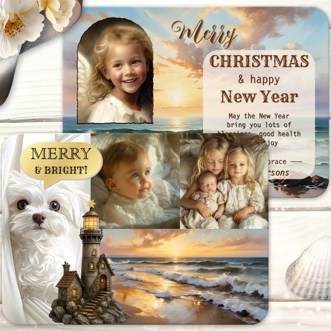 Beach Lighthouse Photo Collage julkort (Unique vintage Christmas Holidays card featuring your custom photos with a beach and lighthouse)