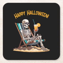 Beach Lounging Skeleton Halloween Underlägg Papper Kvadrat