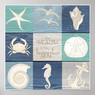 Beach Lycklig Ställe Blue Aqua Old Wood Sea Poster