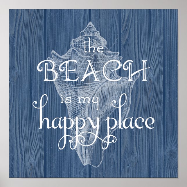 Beach Lycklig Ställe Seashell Blue Wood Poster (Framsidan)