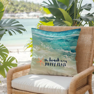 Beach Lycklig Ställe Watercolor Ocean Vinkar Coast Kudde