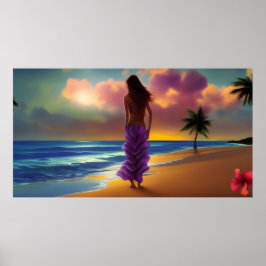 Beach, måndagskvinna (blåhavsblått lila handflatan poster
