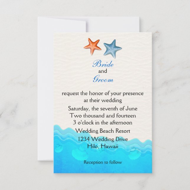 Beach med inbjudan till Starfish bröllop (Framsida)
