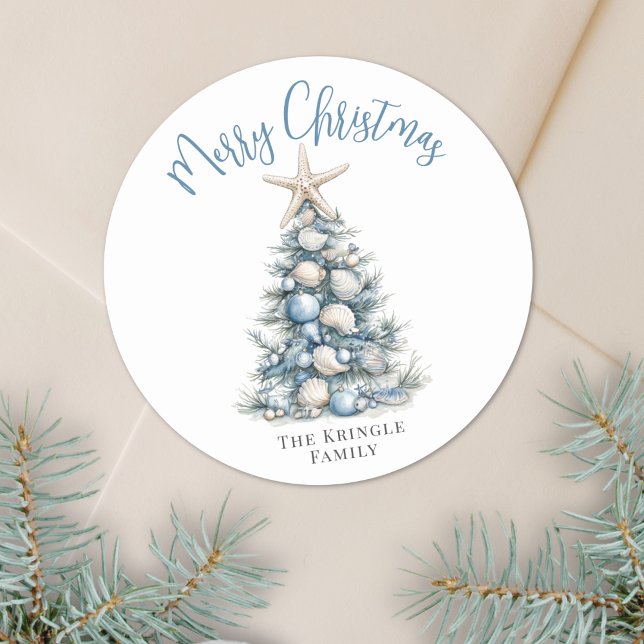 Beach Merry Christmas Runt Klistermärke (Beach Merry Christmas Classic Round Sticker)