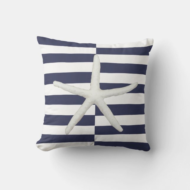 Beach Modern Starfish Bold Stripe Navy and White Kudde (Framsida)
