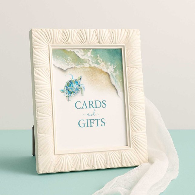 Beach-Möhippa-kort och presentkort Poster (teal and blue beach bridal shower cards and gifts sign with sea turtle. Printable or printed)