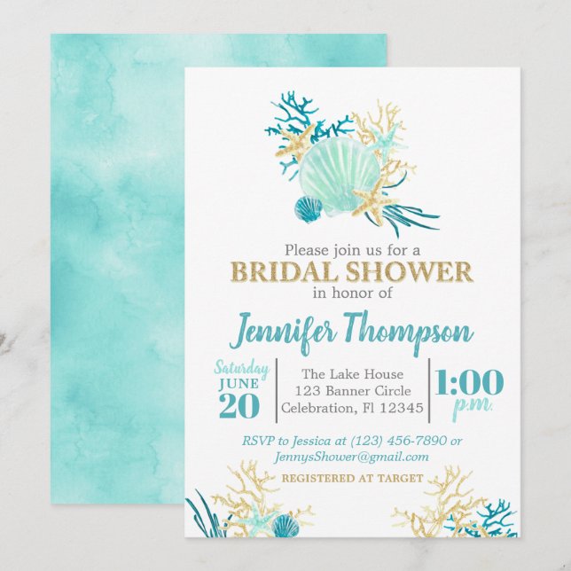 Beach Möhippa Teal och Guld Watercolor Inbjudningar (Fram/baksida)