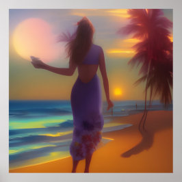 Beach moonlight Stroll Women Sea handflatan träd Poster