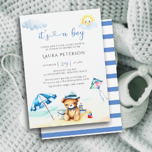 Beach Nalle Sol Watercolor Boy Shower Inbjudningar