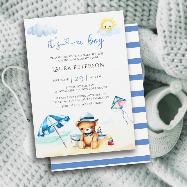 Beach Nalle Sol Watercolor Boy Shower Inbjudningar (teddy bear at beach boy baby shower invitation watercolor illustration cute adorable ocean sea lake )