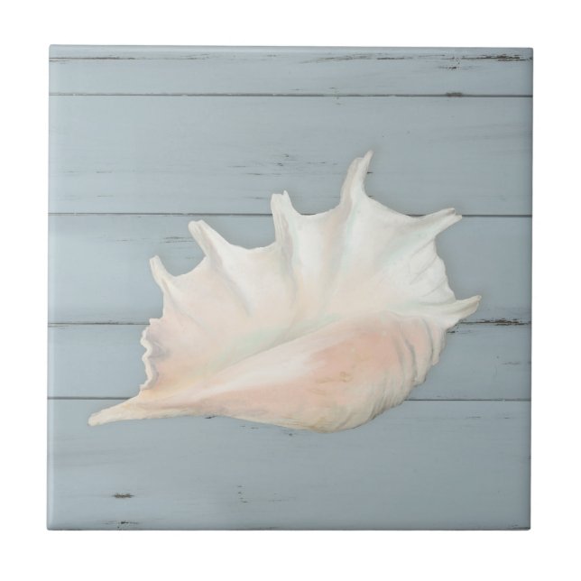 Beach Nautic Seashell Conch Tropical Blue Wood Kakelplatta (Framsidan)