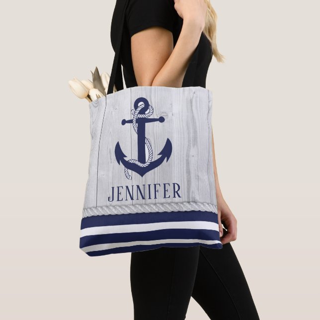 Beach Nautical Anchor Monogram Navy vit Tygkasse (Närbild)