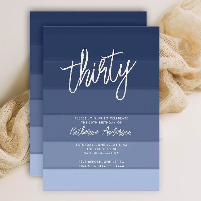 Beach Nautical Navy Rand Modern 30års födelsedag Inbjudningar (30TH birthday invitation her coastal nautical boat yacht beach waterfront ocean marina stripes)