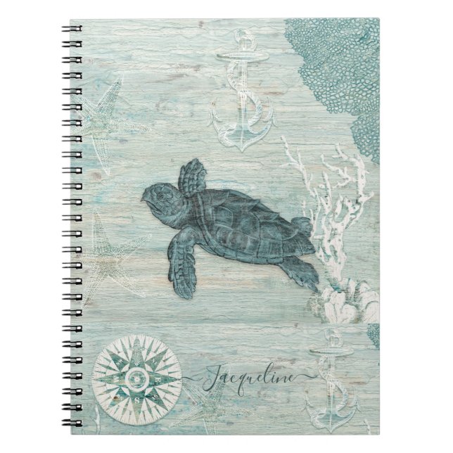 Beach Nautical Sea Turtle Starfish Blue Driftwood Anteckningsbok (Framsidan)