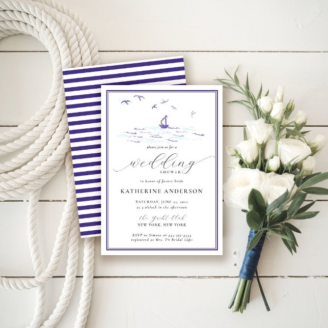 Beach Nautical Vågar Boat Bröllop Möhippa Inbjudningar (nautical wedding shower invitation bridal coastal ocean beach waves boat birds modern elegant)