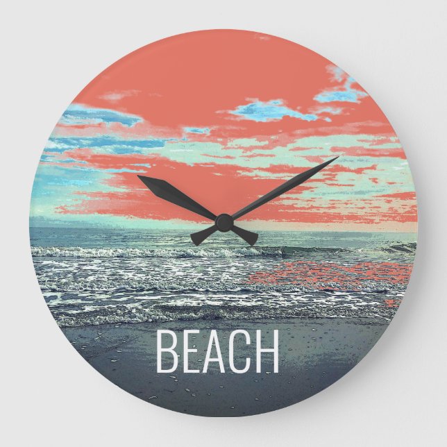 Beach Ocean Artistic Typography Blue Sunset Orange Stor Klocka (Framsida)